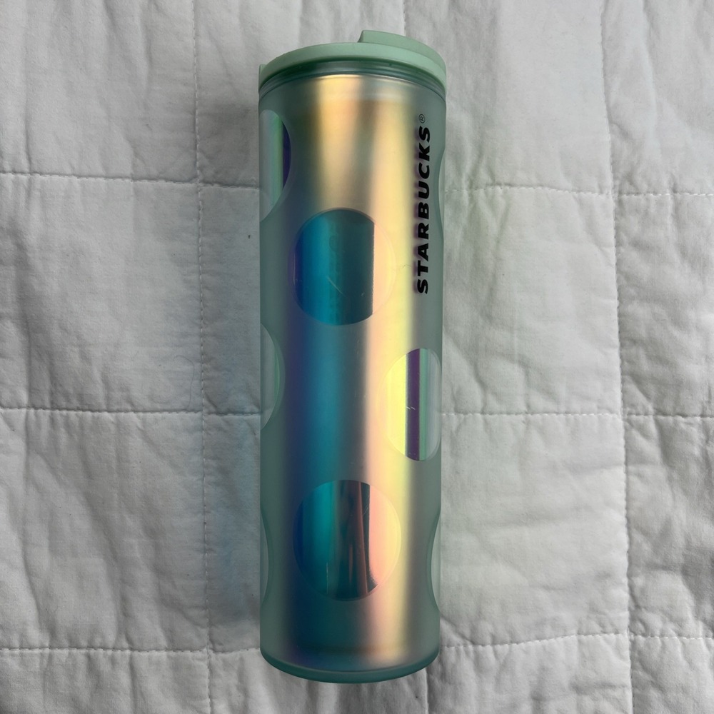 Starbucks 2022 Collection Teal Polka Dot Holographic Tumbler ‎ Satin 16 Oz